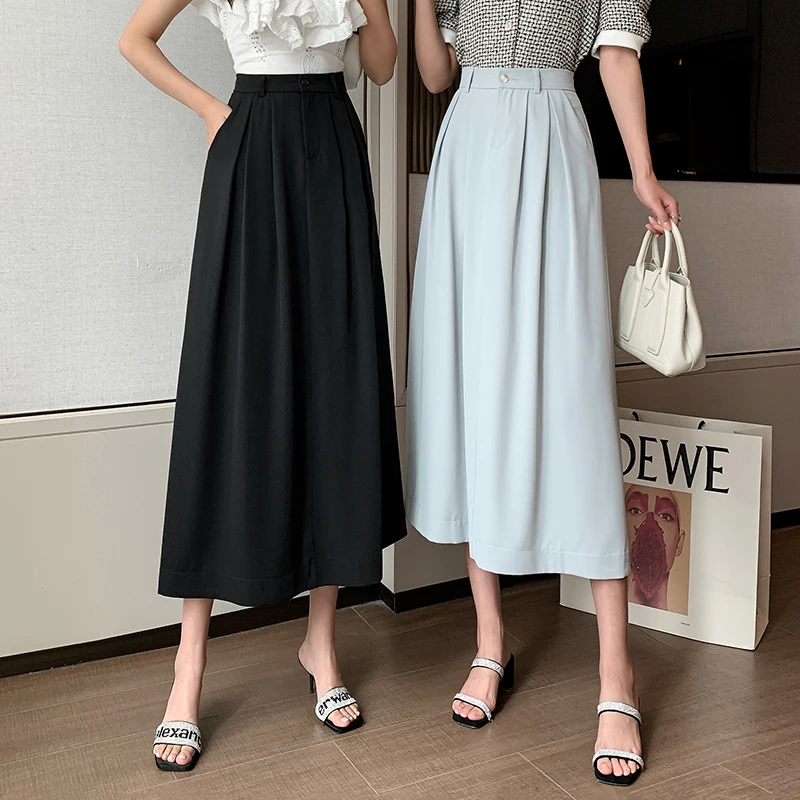 

Aibeautyer New Summer Casual Solid Slim Button Lady Skirt High Waist A Line Mid-calf Women Party Long Skirt
