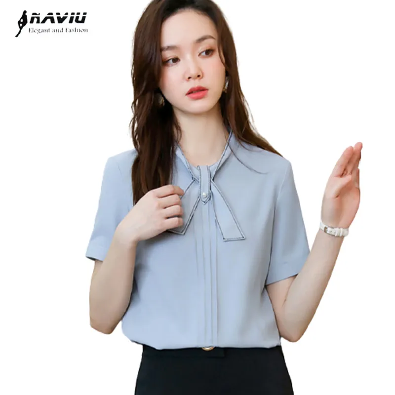 

Shirt Women Bow Design 2021 Summer New Fashion Business Formal Temperament Short Sleeve Blouses Office Ladies Work Tops