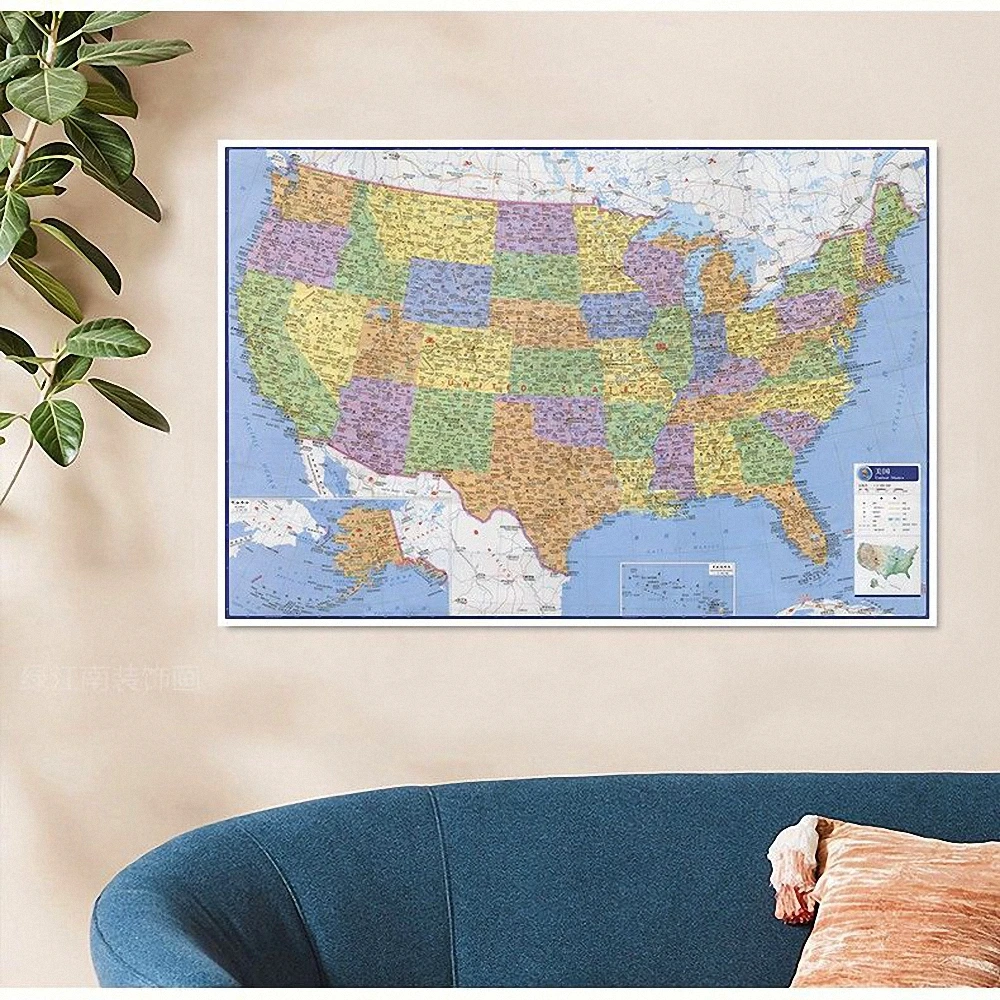 

Chinese \ English Bilingual United States Map Poster Living Room Office Bedroom Classroom Wall Decorative Painting Wall Sticker