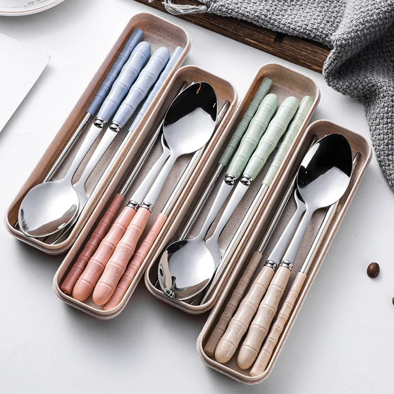 

3Pcs Tableware Flatware Sets Innovative Household Wheat Handle Stainless Steel Tableware Fork Spoon Chopsticks Kitchen Supplies