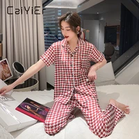 caiyier spring women pajamas set sexy leopard grain silk sleepwear summer short sleeve cute print leisure home clothes nightwear