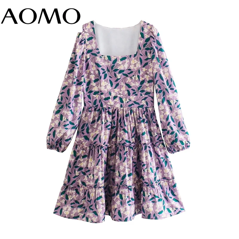 

Женское мини-платье с цветочным принтом, квадратным вырезом и длинным рукавом