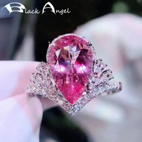 black angel 925 silver water drop shaped pink tourmaline gemstone adjustable ring for women wedding jewelry christmas gift
