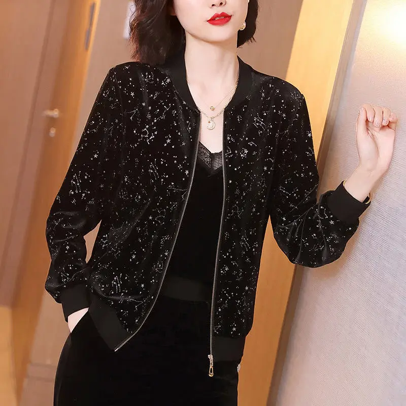 

cropped Jacket women fashion wild black cardigan 2020 Casual print loose long-sleeve gold velvet short coat spring zipper