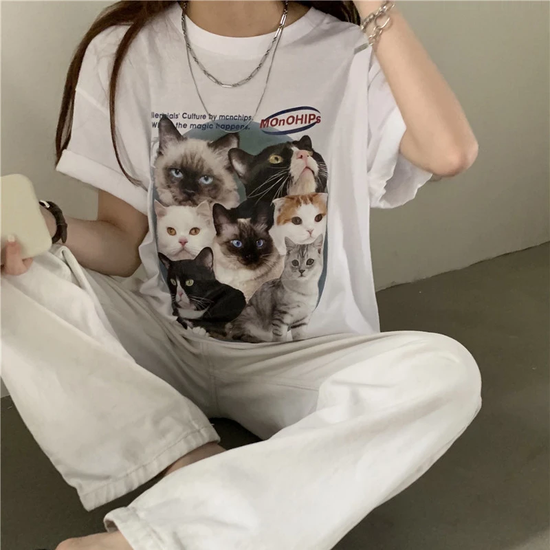 

Summer Korean Fashion Harajuku School Short Sleeve Women T-shirt Cute Cat Pattern Printed Round Neck Cotton Tee For Teen Girls