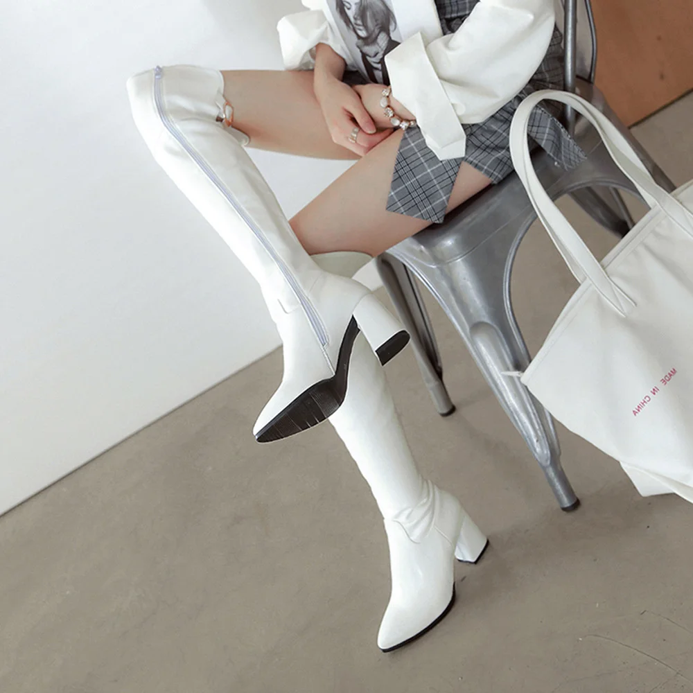 

Women Winter Pointed Toe Thick High-heeled Boots Solid Color Belt Buckle Side Zipper Ladies Sexy Over-the-knee Leather Boots