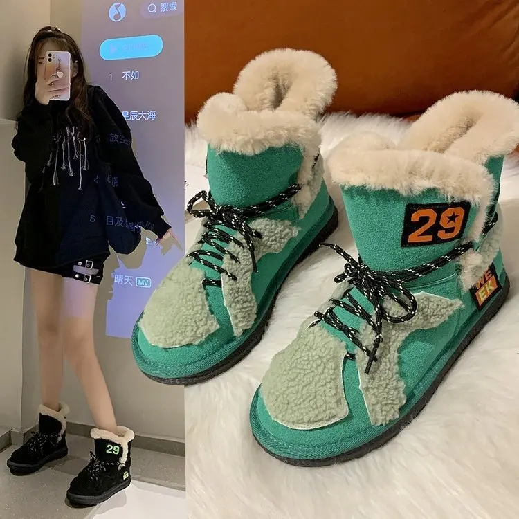 

Platform Warm Women Snow Boots Winter 2021 Fashion Short Boots Women Lace Up High-top Non Slip Female Shoes Botas Mujer White