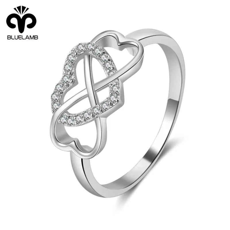 

925 Sterling Silver Double Hollow Twisted Love Heart Finger Ring for Women Romantic Cubic Zirconia Wedding Anniversary Jewelry