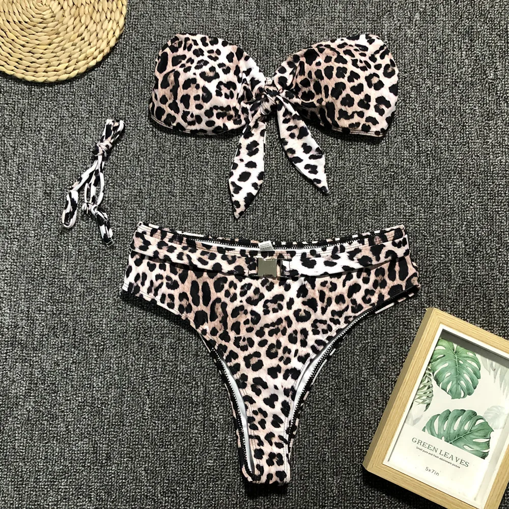 

Off Shoulder Sexy High Waist Bikini Women Solid Leopard Print 2 Piece Swimsuit Summer Buckle Swimwear Biquini Two-piece Suit