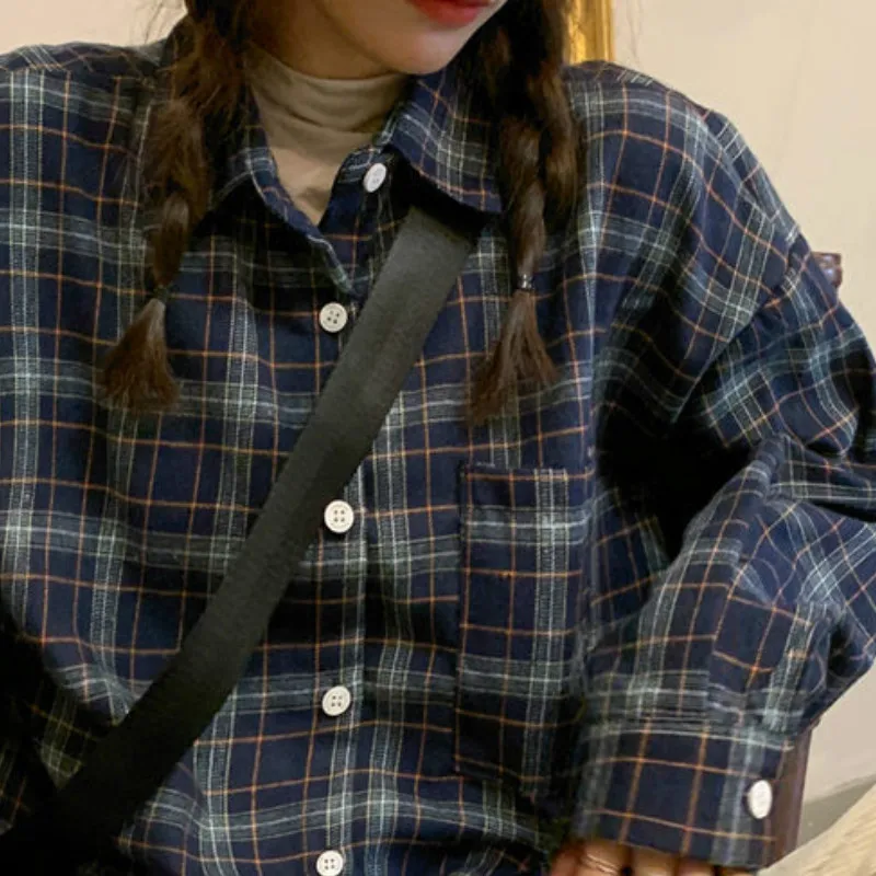 

Shirts Women Simple Plaid Loose Retro Unisex Oversize BF Trendy Daily Shirt Spring Female All-match Basic Korean Style Students