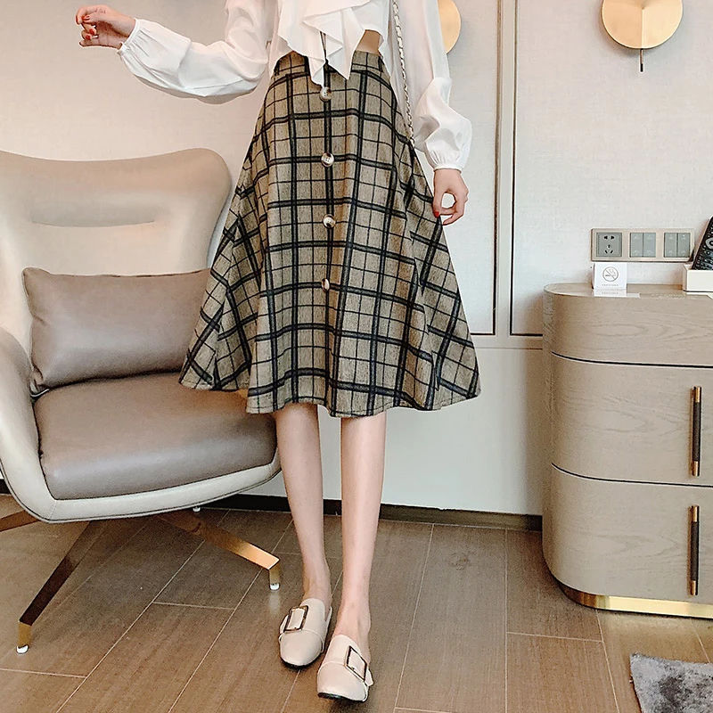 Женская винтажная шерстяная юбка Повседневная Длинная клетчатая средней длины с
