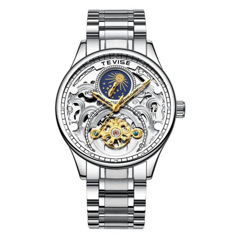 TEVISE часы Moon phase полые tourbillon автоматические механические наручные часы из нержавеющей стали мужские часы браслет часы - Цвет: Color 07
