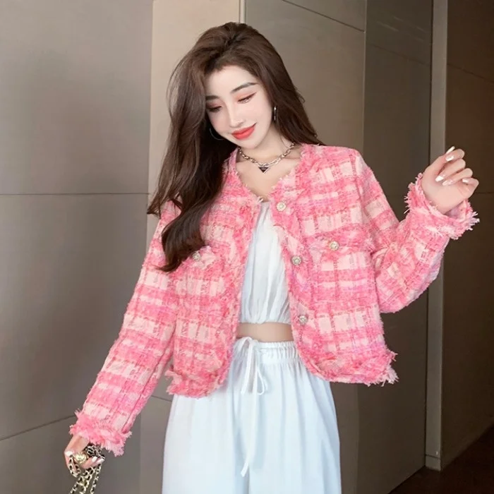 Женское короткое пальто с круглым вырезом розовое в стиле ретро осень 2021 |