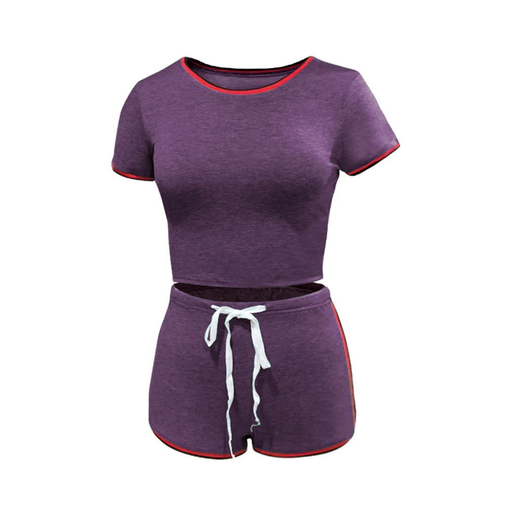 

2020 New Women 2Pcs Casual Sports Suit Summer Ladies Striped Short Sleeve Slim Tops + Shorts 2 Piece Sportwear Homewear 7 Colors