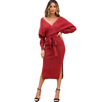 new knitted dress sexy bag hip slim fit v neck sweater dress autumn winter waist tie knitted dress ladies mid length dresses