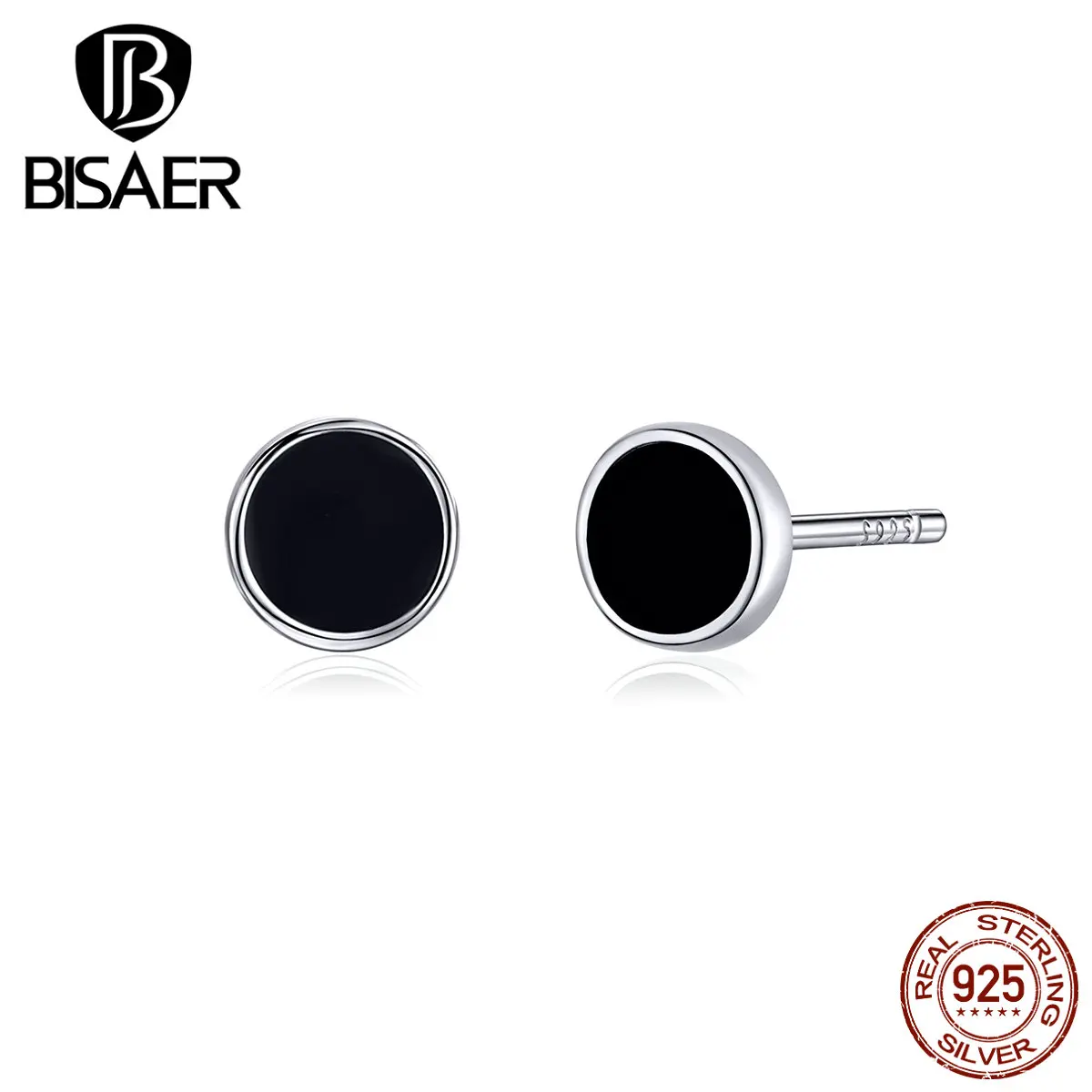 Горячая Распродажа, BISAER, 925 пробы, серебряные, Круглые, черные, маленькие, для монет, серьги-гвоздики для женщин, модные ювелирные изделия из стерлингового серебра ECE693