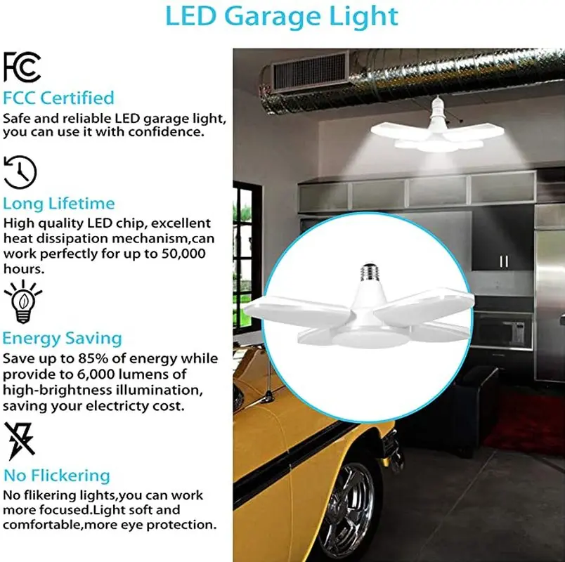 

LED Garage Lights Industrial Lighting 60W Folding Four-Leaf Lamp LED Basement Lights Deformable for Garage Warehouse Workshop