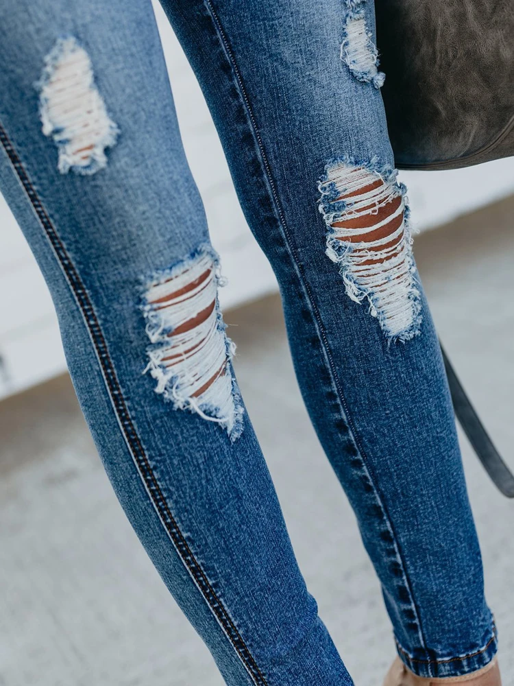 

Skinny Ripped Jeans Women Ankle-Length Pencil Pants Cotton Elastic Denim Trousers Hole Hollow Out Cloth-Fitting Pants Streetwear