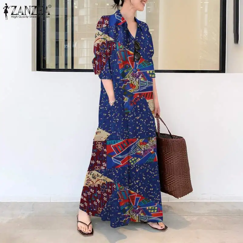 

Vintage Printed Shirt Dress Women's Spring Sundress ZANZEA 2021 Long Sleeve Maxi Vestidos Female Lapel Button Robe