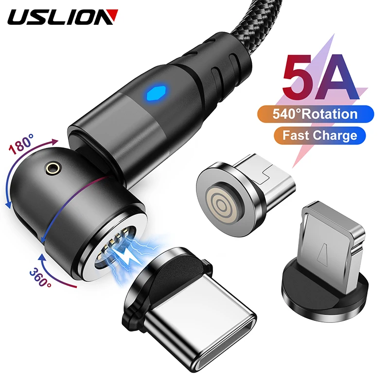 Магнитный кабель USLION, вращающийся на 540 градусов, 5 А, для быстрой зарядки, магнитное зарядное устройство, провод, шнур, Кабель Micro Type C для iPhone, Xiaomi