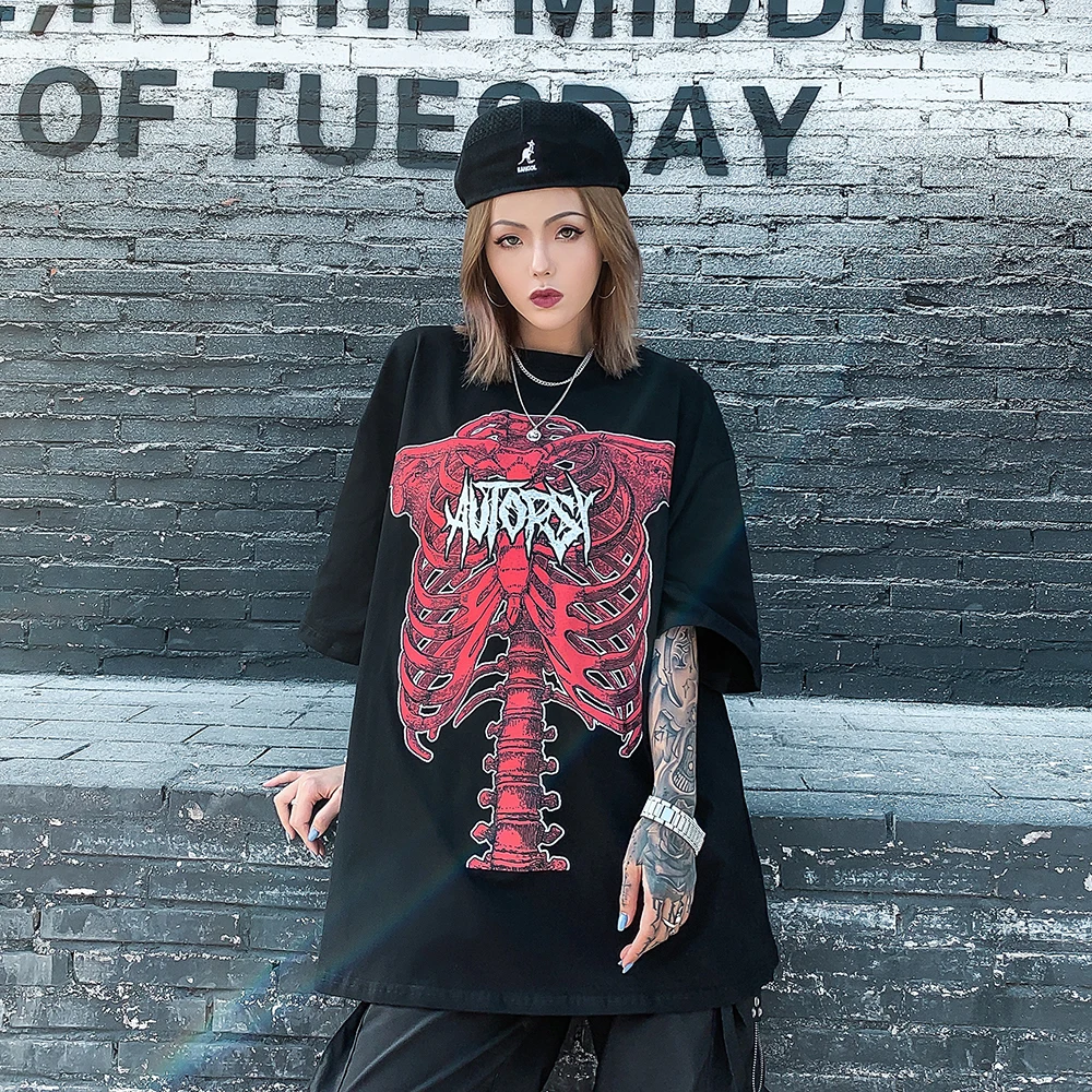 Женские футболки в стиле панк с изображением черепа уличная одежда летняя мода