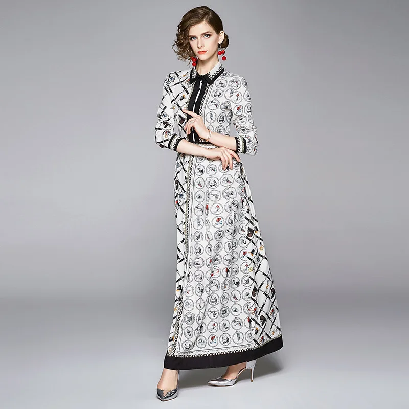 

Jacque Wolf brand Mosaic British style lapel long sleeve print long dress