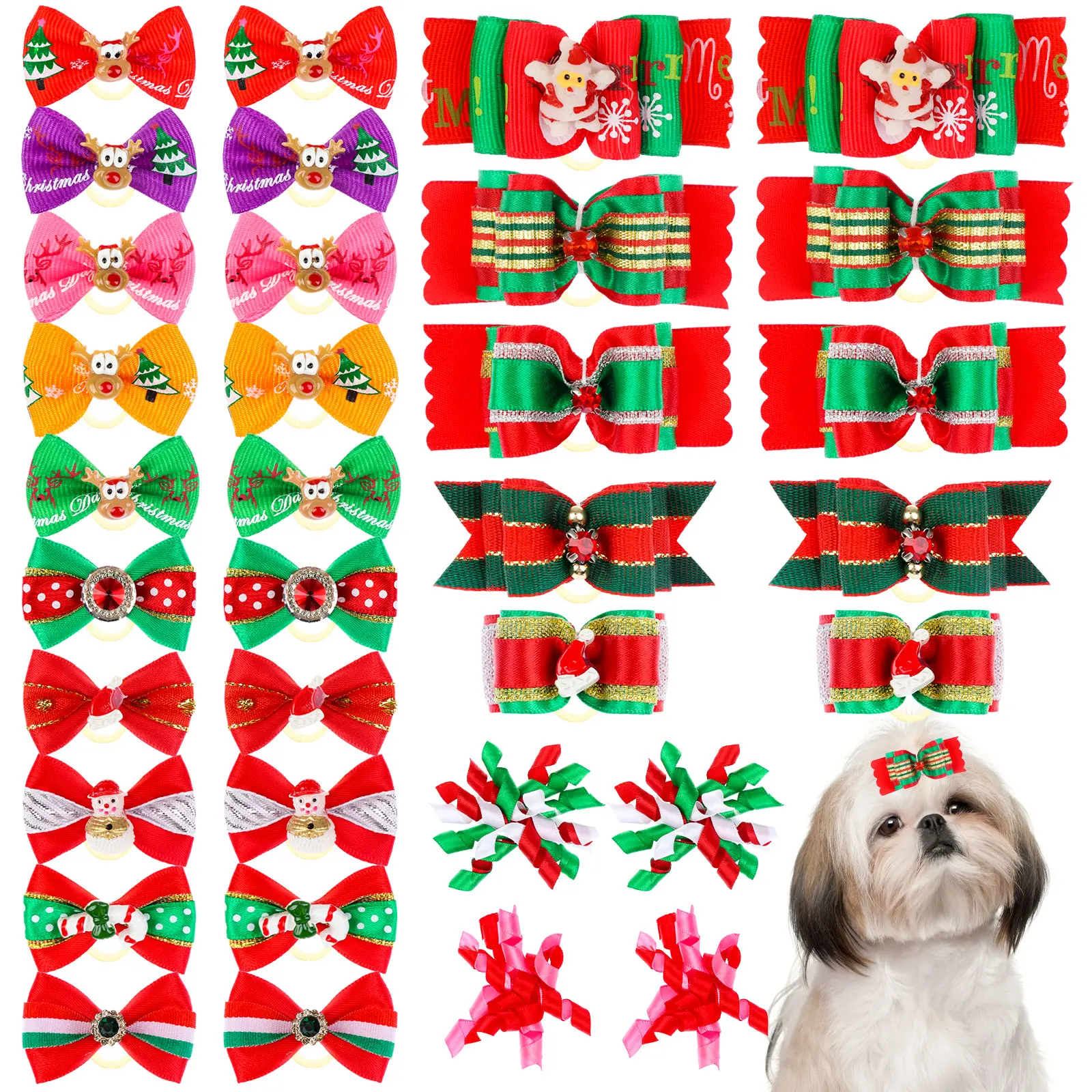 

34 Pieces Small Dog Hair Bows with Rubber Bands Assorted Styles Christmas Pet