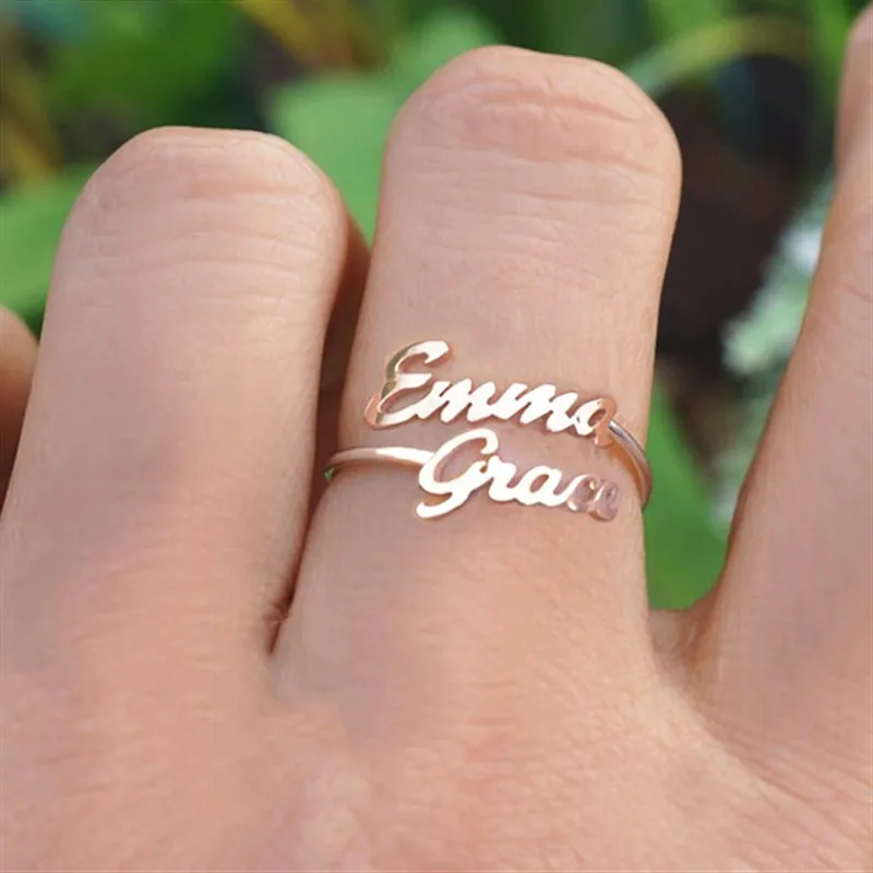 Double Name Ring Кольцо свободного размера на заказ, персонализированное именное кольцо с сердцем, именной браслет под заказ кольцо с регулируемым размером для пары, кольца из нержавеющей стали - Цвет основного камня: Double Name Ring