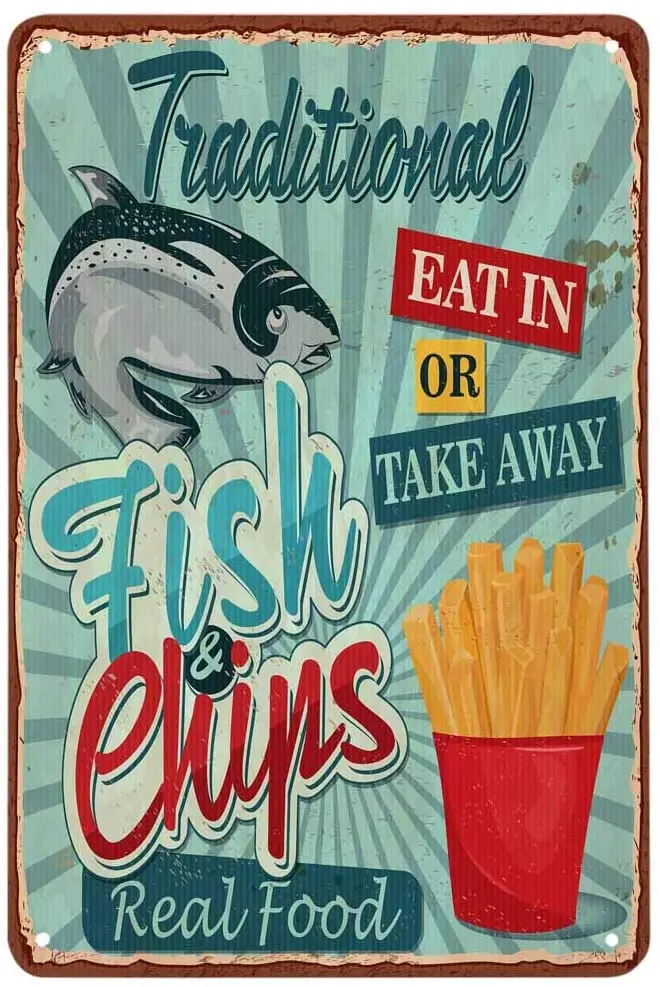 

AOYEGO Fish and Chips Tin Sign,Traditional Eat Or Take Away Vintage Metal Tin Signs for Cafes Bars Pubs Shop