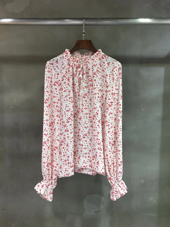 

2021 new women fashion neckline tie knotted printing decoration long-sleeved all-match blouse 428