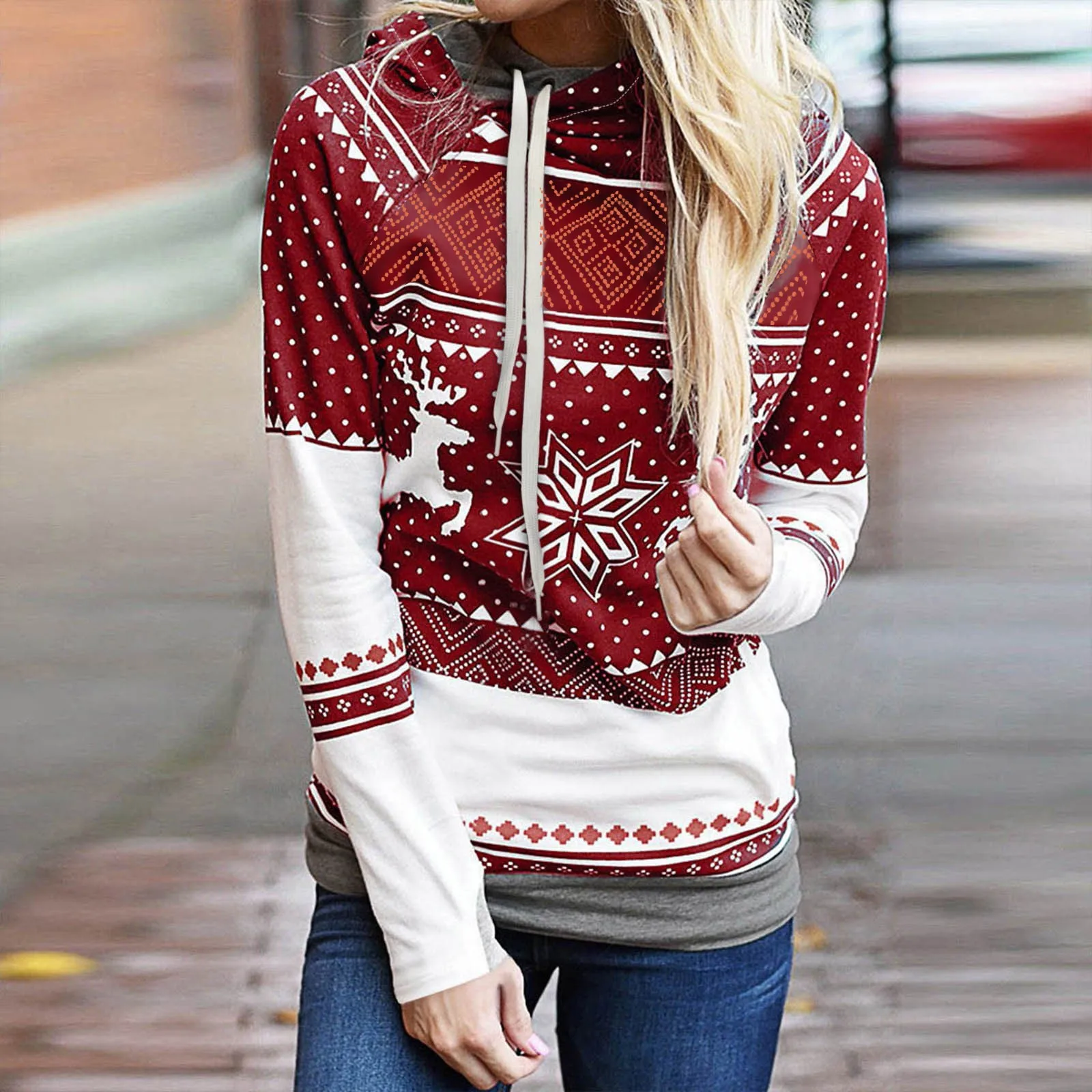 

Christmas Women Elk Snowflake Print Tops Hooded Sweatshirt Pullover Blouse Girls 2020 Christmas Gift
