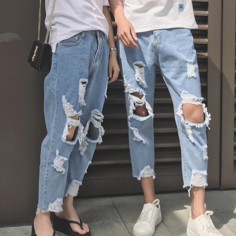 

Fashion Summer Men's Jeans Ripped Loose Large Size Button Zipper Light Blue Fashion Personality Stretchy Male Pencil Pants