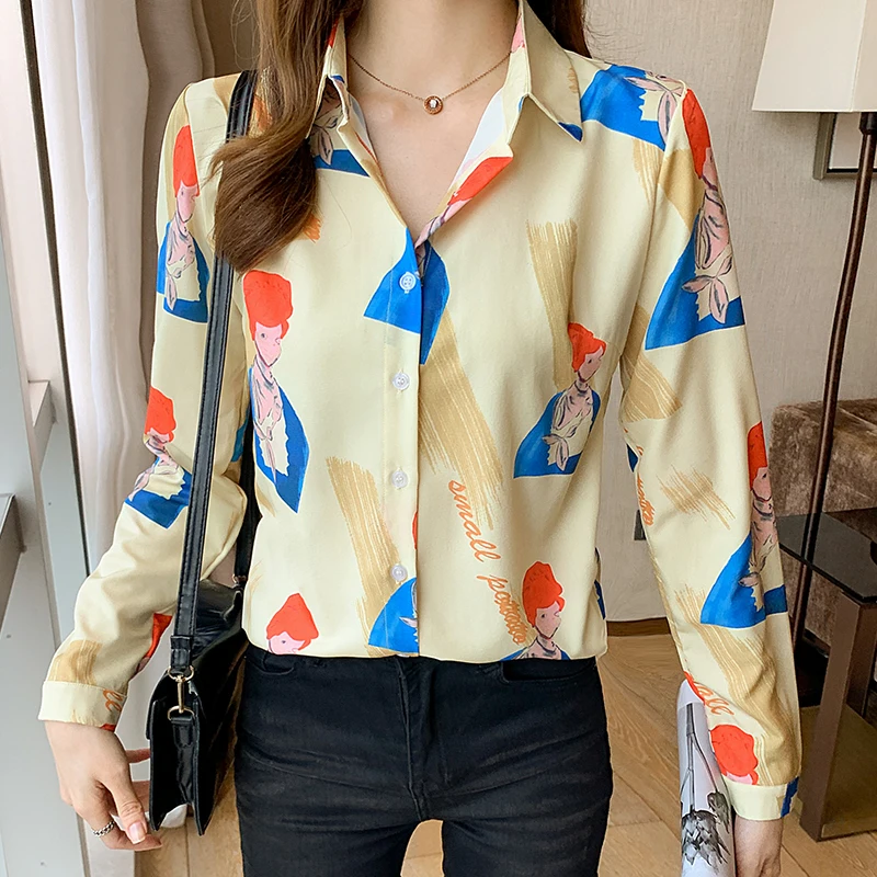 

Chiffon Loose Women's Shirts Casual Long Sleeve Blusas Printing Polo Shirt Spring New Fashion Blouses Houthion