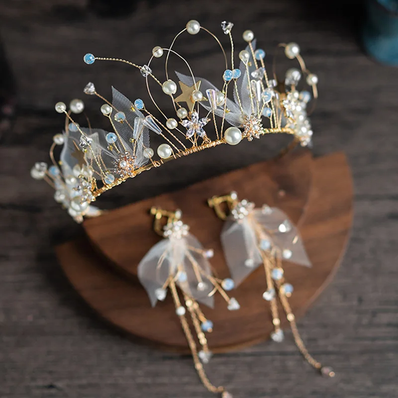 

Fairy Series Wedding Bride Headdress Earring Set Crown Hair Hoop Accessories Tassel Princess Sweet Birthday Party Pearl Star Cry