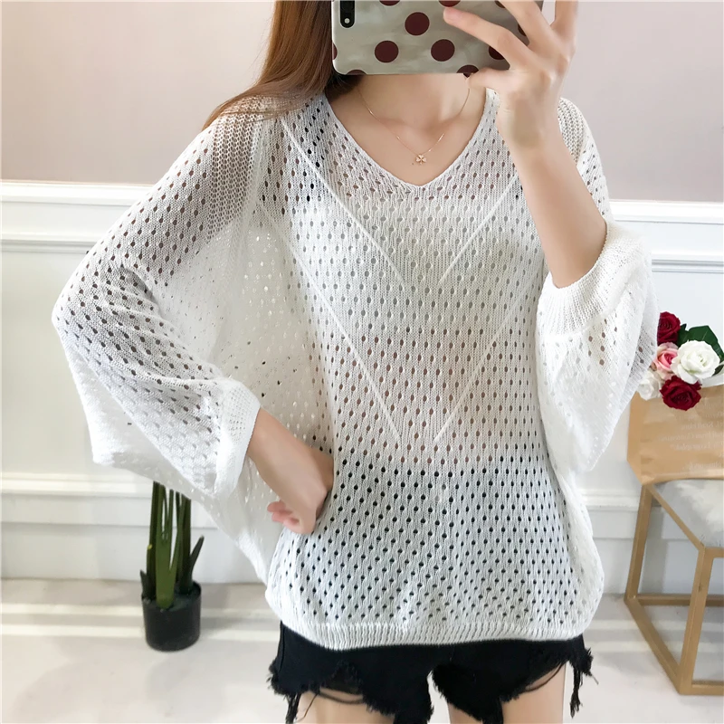 Сексуальный женский вязаный пуловер сетчатый свитер весенний модный топ