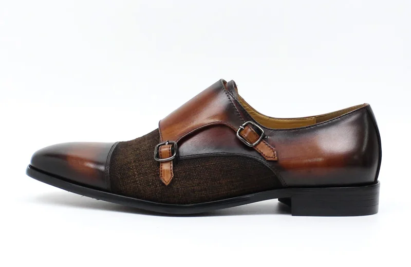 DANIEL WAFER Brand Designer Monk Strap Mens Dress Shoes Genuine Leather With Denim Black Brown Wedding Party Dress Shoes Men