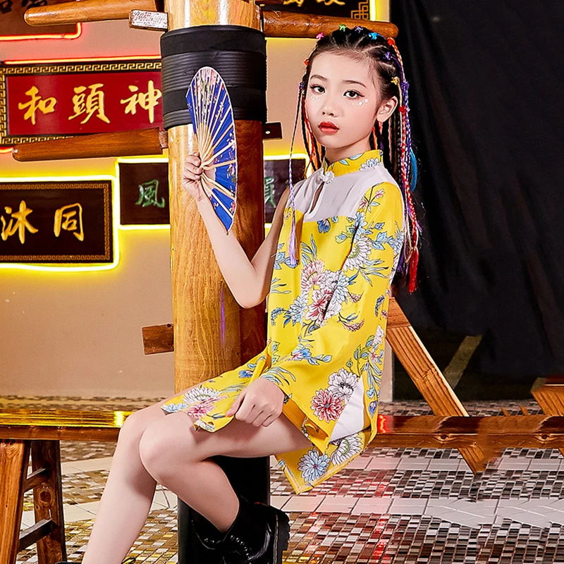 

Hip Hop Costumes Girls Jazz Stage Clothes Chinese Style Printed Personality Single-Sleeved Yellow Dress Kids Show Wear DNV13468