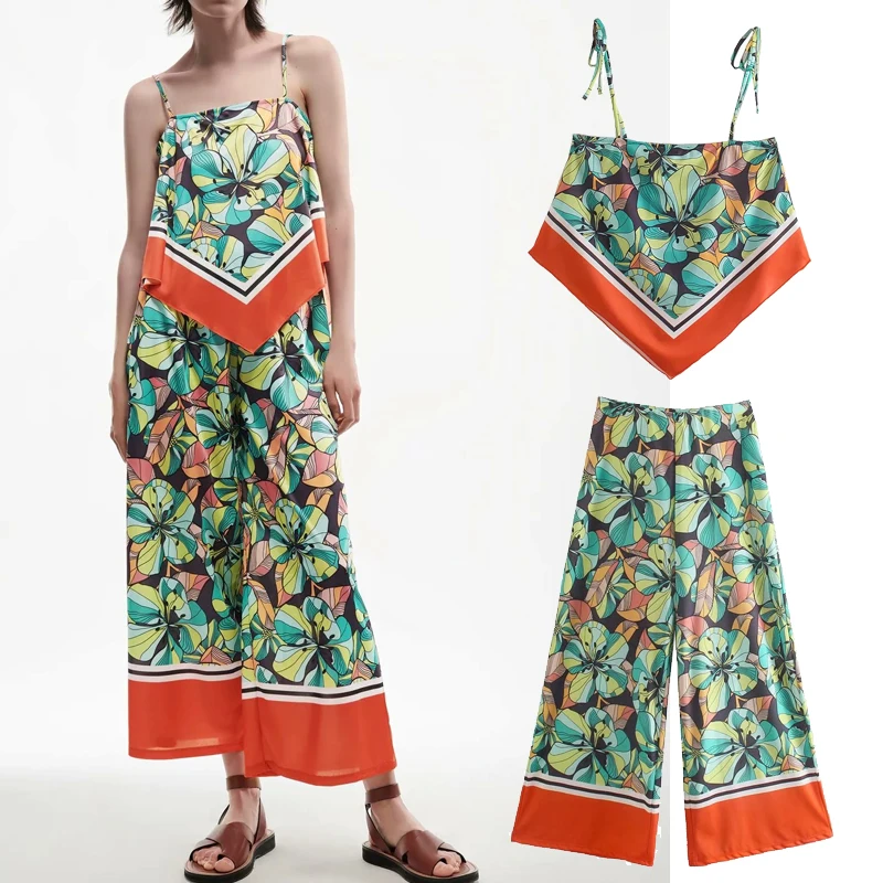 

ZA 2021 spring Women 2pcs print Verticality Sexy small Top trousers suits sleeveless Casual Loose pants Backless Top