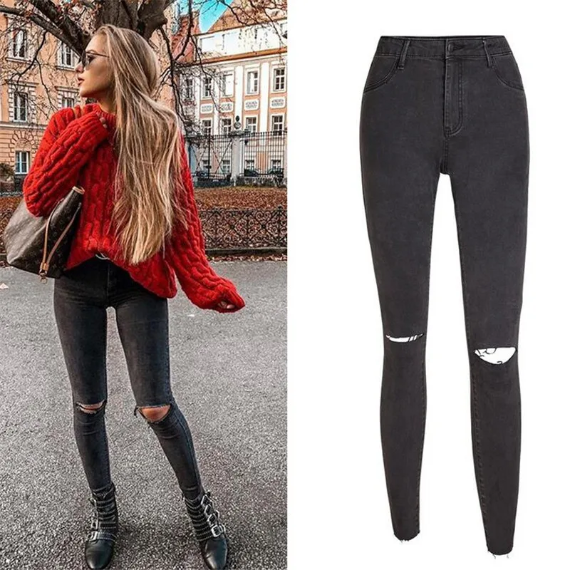 Новые темно серые джинсы брюки для женщин узкие рваные со средней посадкой