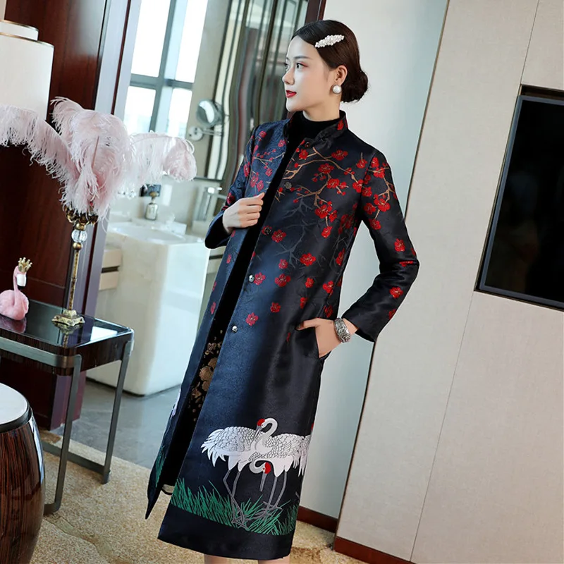 

Winter 2021 Autumn Fashion Long Outerwear & Coats High Quality Women Vintage Floral Cute Birds Print Covered Button Coat Trench