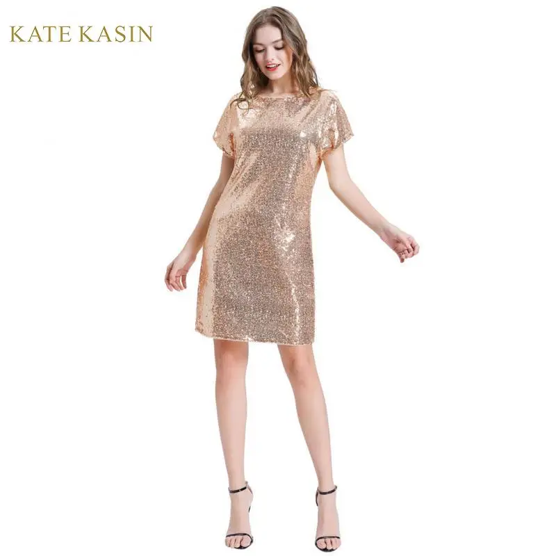 Женское платье с блестками Kate Kasin розовое Золотое Сверкающее повседневное