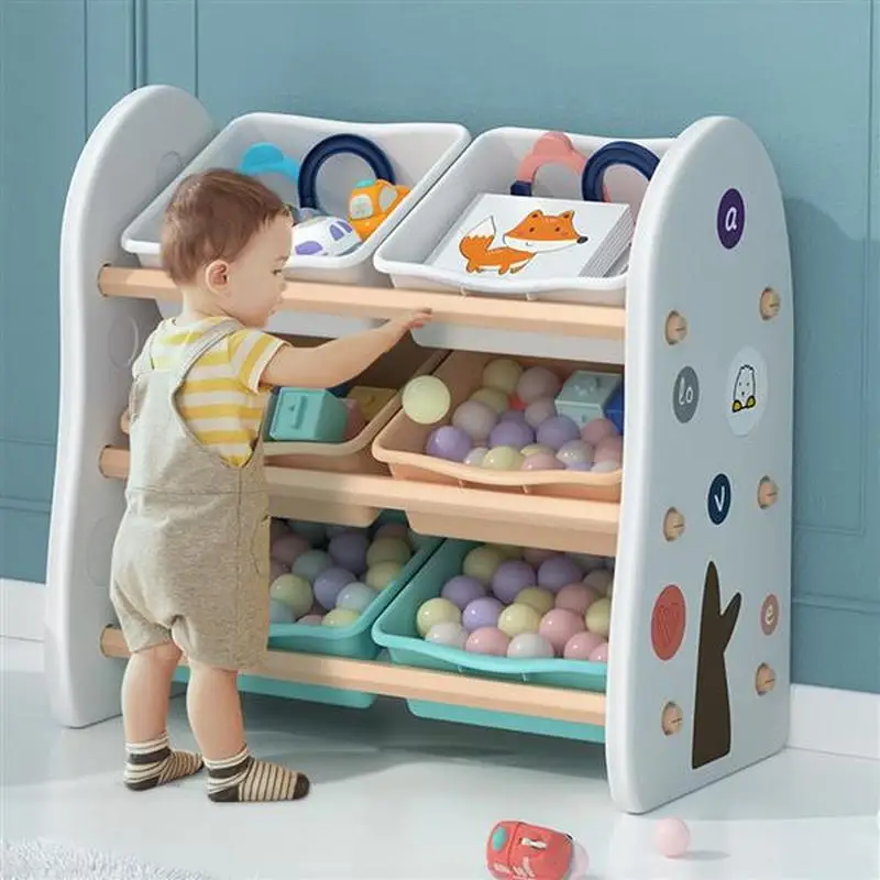 

Wooden Kids Toy Storage Organizer with 6 Plastic Bins White Color