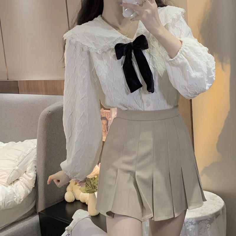 Белая рубашка с детским воротником женская на весну и осень дизайнерская длинным