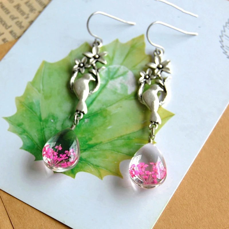 Элегантные богемные серьги Натуральные сушеные цветы птица длинные