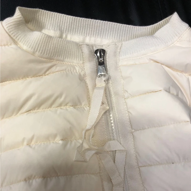 

104170 Light Knit Down Jacket Women Winter Jacket Ladies Long Sleeve Patchwork Knitted Zipper Down Jacket Black white White M4