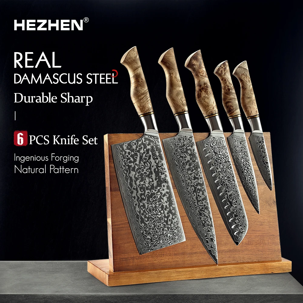 HEZHEN-Juego de cuchillos de cocina profesional, de acero Super Damasco, Santoku, afilado, con soporte magn&eacute;tico, 5 a 6 piezas-0