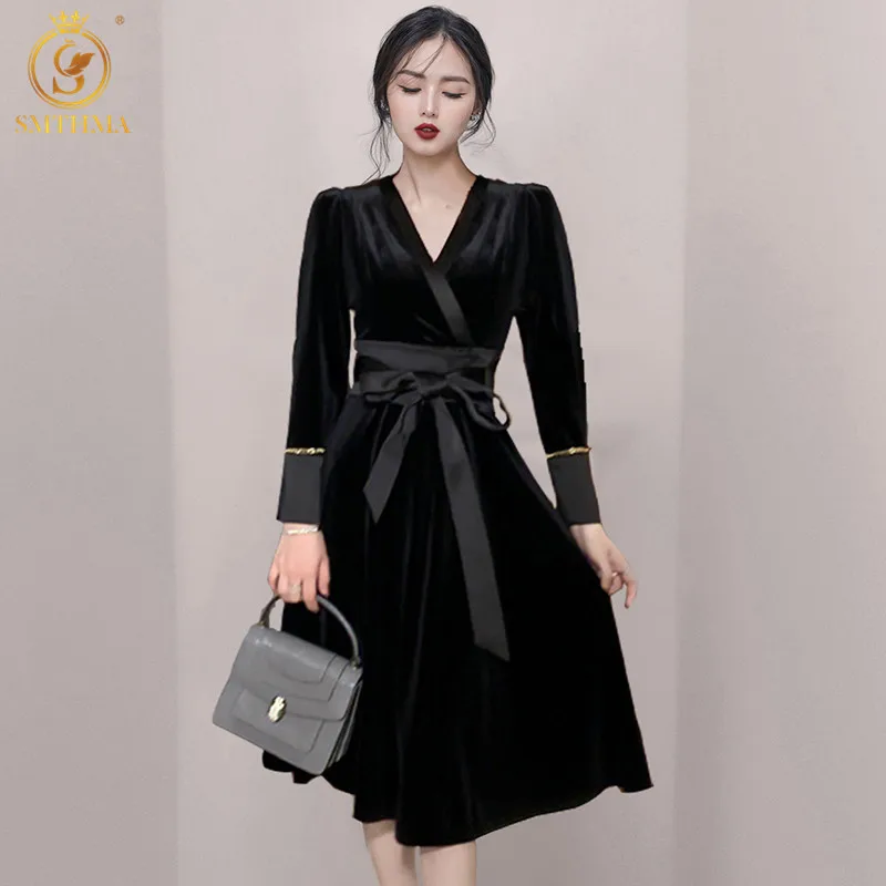 

Женское винтажное платье SMTHMA, черное бархатное платье на шнуровке, вечерние платья на осень и зиму