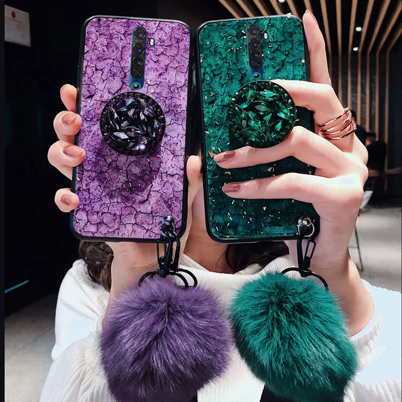 

Luxury Crystal Holder Stand+Fur ball+Strap Phone Case For OPPO Reno 2Z 2F F7 F9 F11 Realme C11 C12 C15 A5 A9 2020 Glitter Case