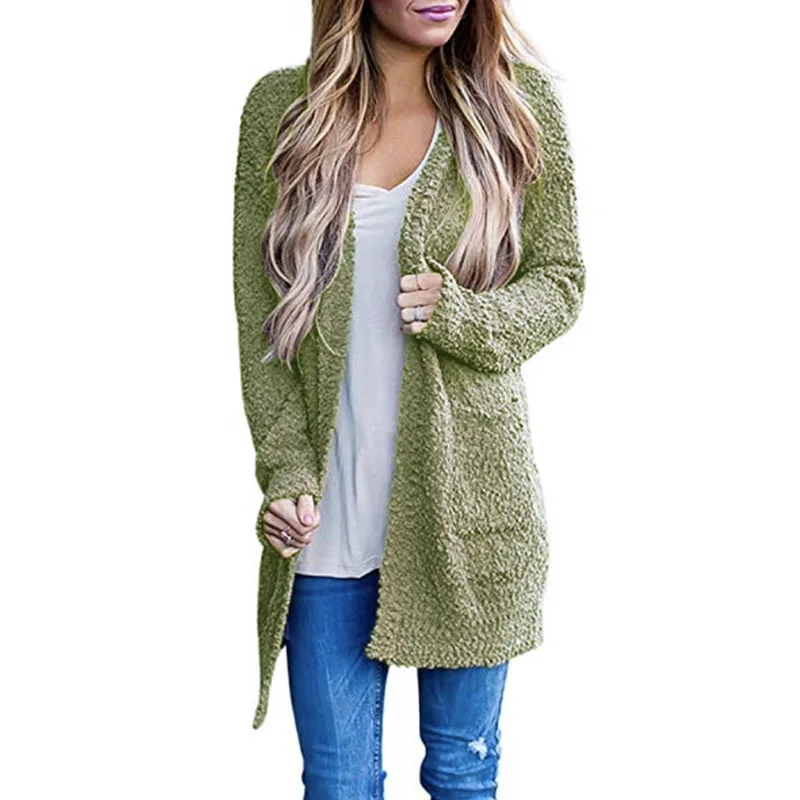 

2020 Autumn and Winter Knitwear European and American Solid Color Particle Velvet Double Pocket Cardigan Sweater