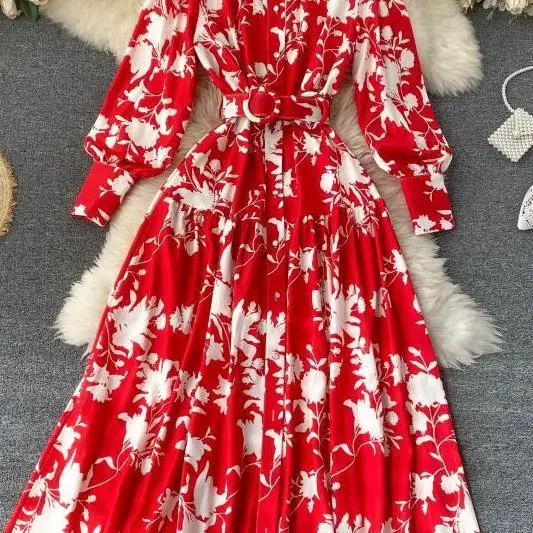 

Women Court Wind Print Maxi Dress Autumn Design Stand Collar Button A-line Dress Korean Fashion Retro Boho Long Robe